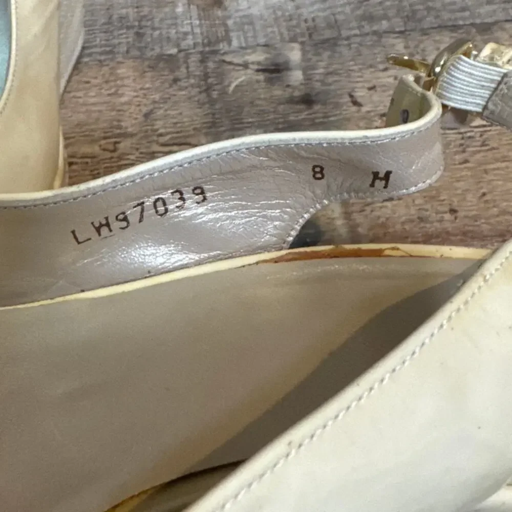 Stuart Weitzman Patent Leather Tan Wedge Slingback Heels Peep Toe Size 8 - Picture 13 of 14